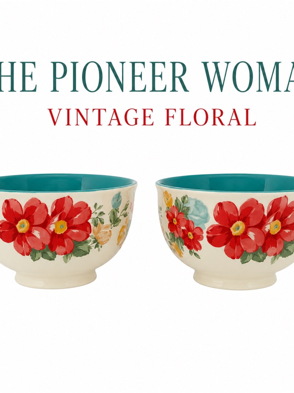 Pioneer Woman Floral Pattern Footed Bowls 6" Cereal Soup Set of 2